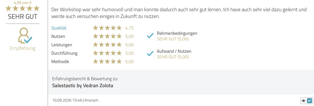 ProvenExpert Bewertung vom 10.09.2026, 4,95 von 5: Der Workshop war sehr humorvoll und man konnte dadurch sehr gut lernen.