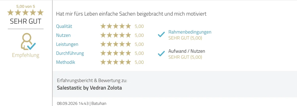 ProvenExpert Bewertung von Batuhan vom 08.09.2026, 5,00 von 5: Hat mir fürs Leben einfache Sachen beigebracht und mich motiviert.
