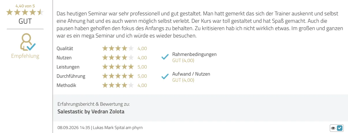 ProvenExpert Bewertung von Lukas vom 08.09.2026, 4,40 von 5: Das Seminar war sehr professionell und gut gestaltet.