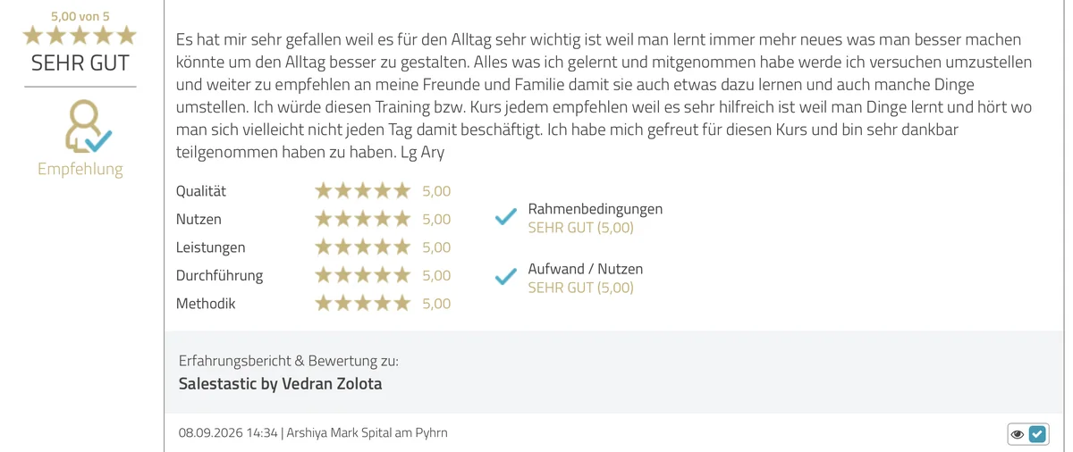 ProvenExpert Bewertung von Arshiya vom 08.09.2026, 5,00 von 5: Es hat mir sehr gefallen, weil es für den Alltag sehr wichtig ist.