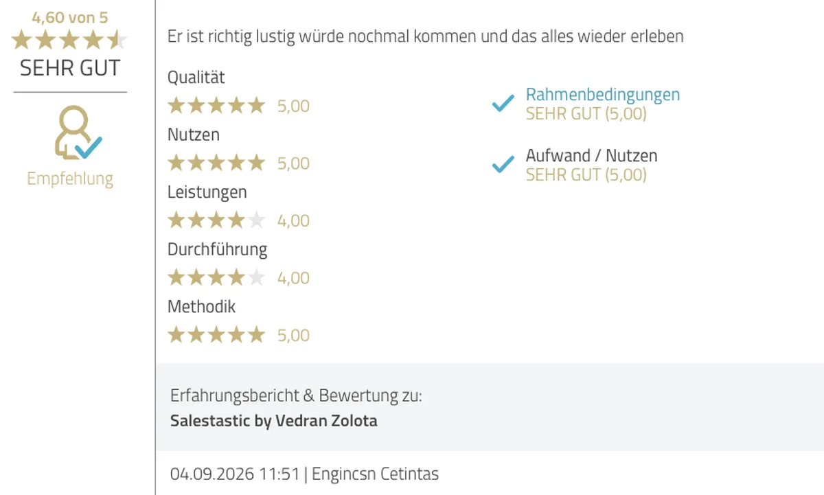 ProvenExpert Bewertung von Engin vom 04.09.2026, 4,60 von 5: Würde nochmal kommen und das alles wieder erleben.