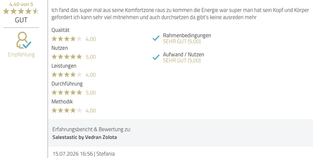 ProvenExpert Bewertung von Stefania vom 15.07.2026, 4,40 von 5: Super, mal aus der Komfortzone rauszukommen, die Energie war super.