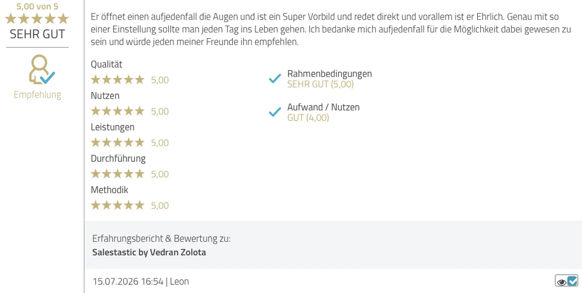 ProvenExpert Bewertung von Leon vom 15.07.2026, 5,00 von 5: Er öffnet die Augen, ist ein Vorbild und redet direkt und ehrlich.